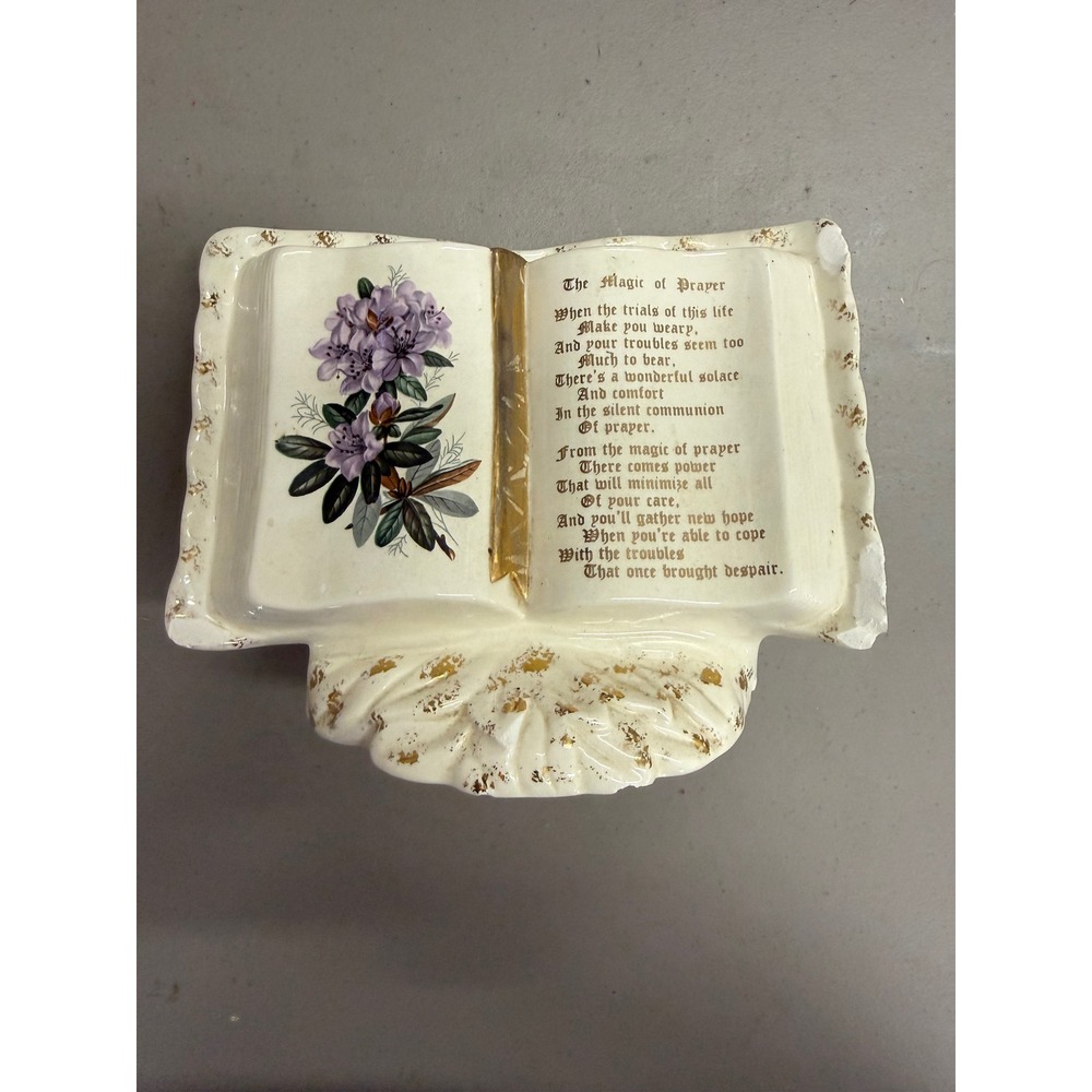 Ceramic Corner Magic of Prayer Open Bible Planter Wall Pocket Vintage Cream Gold